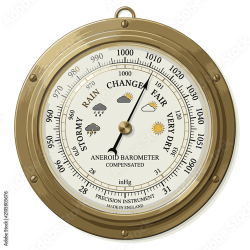 A classic aneroid barometer with a brass casing, displaying atmospheric pressure and weather indications, pointing towards fair weather. The dial shows markings for Stormy, Rain, Change, Fair.