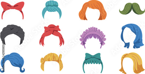 Foto Cartoon hairstyle collection, colorful wigs and hair accessories for avatar and