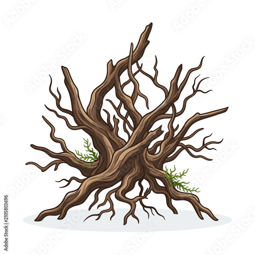 An intricate, stylized illustration of a gnarled, dead tree stump with exposed roots and a few sprigs of green moss. The complex network of branches forms an abstract.