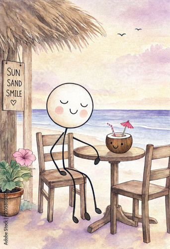 Greeting card with Sun Sand Smile lettering and stick figure relaxing at beach cafe.