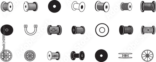 Tableau sur toile Cable spool and wire reel icon set with electrical coils, drums, rolls and industrial storage gear