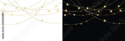 Abstract golden light strings with sparkling nodes on white and black background abstract decorative background luxurious celebration ornament atmosphere