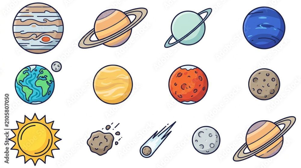 Fototapeta premium Colorful Hand Drawn Planets and Space Objects Illustration.