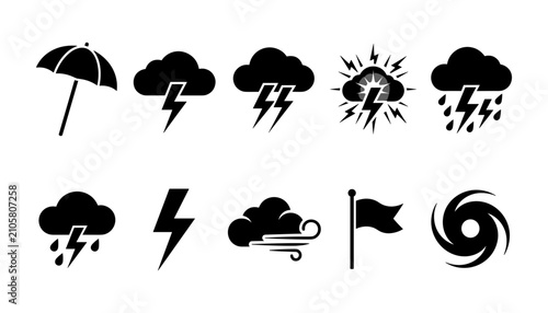Fotografie Umbrella Icon Set with Storm Clouds, Lightning Bolts, Tornado Swirl, Flag and Ra