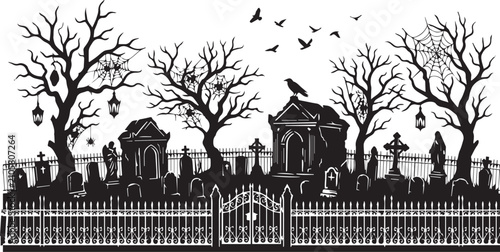 Fotografía Cemetery Silhouette With Bare Trees And Flying Birds Black On White