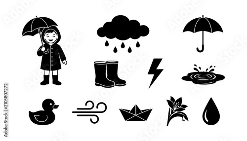 Photography Umbrella Icon Set with Weather Symbols Like Rainclouds, Raindrops, Lightning, Pu