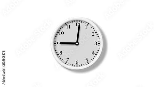 Analog wall clock spinning animation through the hours. time lapse of clock, time passing concept on white background