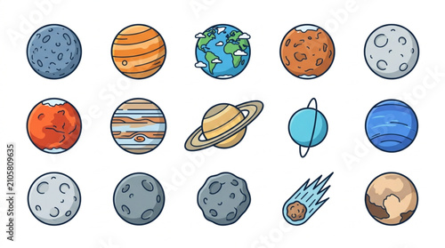 Foto Colorful illustrated planets and celestial bodies collection.