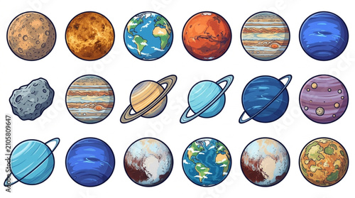 Billede på lærred Colorful illustrated planets and celestial bodies collection.