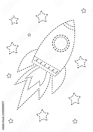Rocket ship tracing worksheet with dashed lines and stars for kids, dotted line coloring page for children practice drawing.