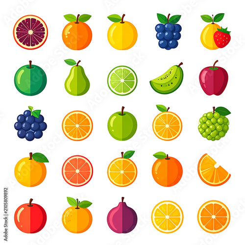 Pixel art collection of various fruits, citrus slices, berries and grapes, healthy food icons