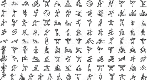 Line art pictograms of people sports and activities on a white background