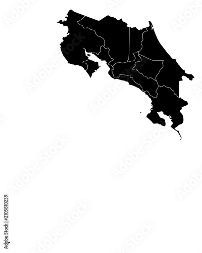A contour map of Costa Rica with provincial borders. Costa Rican administrative silhouette