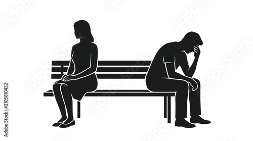 Schilderij op canvas Black silhouette vector illustration of a sad couple sitting apart on a wooden p