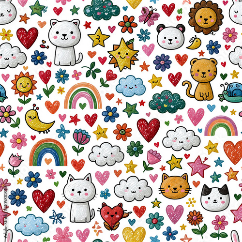 Colorful illustration featuring cute animals, flowers, hearts, stars, and clouds in a playful pattern suitable for children's products and designs