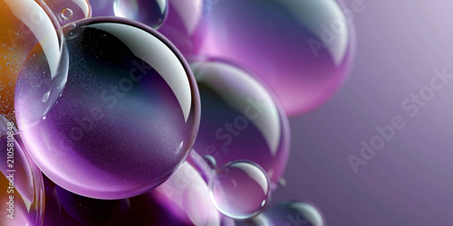 Close-up of colorful soap bubbles with purple and blue hues reflecting light against a smooth gradient background, showcasing intricate details and textures