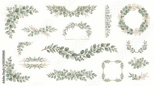 Elegant eucalyptus wreath and border vector illustration set. Hand-drawn botanical line art for wedding invitations and decor.