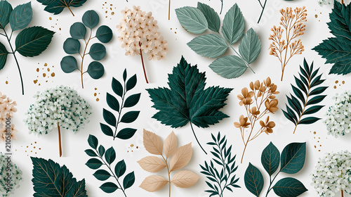 Various botanical illustrations featuring leaves, flowers, and branches in shades of green, beige, and gold arranged on a light background for decorative use