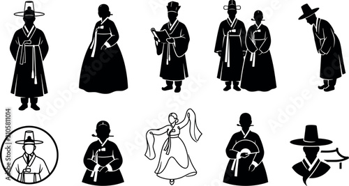 Tableau sur toile Portrait of Samurai Warrior Character Icons in Traditional Attire, Including Swo