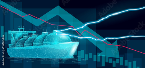 Oil crisis tankers under attack. War conflict fuel price surge concept. Energy petroleum shipping danger geopolitics. Blue neon lightning storm vector illustration
