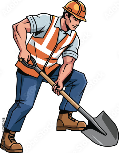 Construction worker using shovel on a job site with safety gear