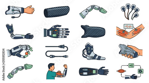Collection of bionic prosthetic limbs and human machine interface technology illustrations.