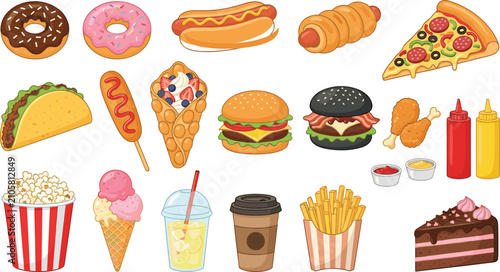 Fast Food and Sweet Dessert Vector Illustration Set Featuring Burger, Pizza Slice, Taco, Hot Dog, French Fries, Popcorn, and Ice Cream Symbols for Menus