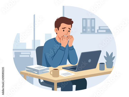 Foto Flat style vector illustration of a stressed office worker biting fingernails while facing work pressure on a laptop