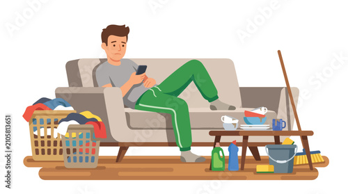 Bild auf Leinwand Flat style vector illustration of a lazy man relaxing on the sofa while ignoring dirty dishes, laundry and household chores