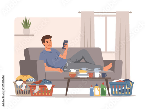 Fotografie Flat style vector illustration of a lazy man relaxing on the sofa while ignoring dirty dishes, laundry and household chores