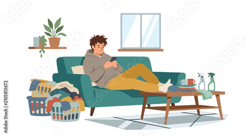 Canvas-taulu Flat style vector illustration of a lazy man relaxing on the sofa while ignoring dirty dishes, laundry and household chores