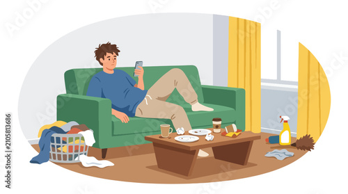 Konstfotografi Flat style vector illustration of a lazy man relaxing on the sofa while ignoring dirty dishes, laundry and household chores