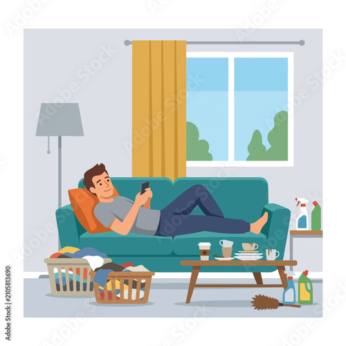 Quadro su tela Flat style vector illustration of a lazy man relaxing on the sofa while ignoring dirty dishes, laundry and household chores