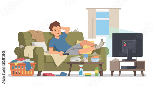 Tableau sur toile Flat style vector illustration of a man relaxing on the sofa while leaving cleaning supplies, laundry and dirty dishes unfinished
