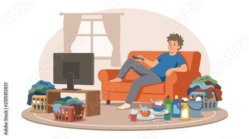 Tableau sur toile Flat style vector illustration of a man relaxing on the sofa while leaving cleaning supplies, laundry and dirty dishes unfinished