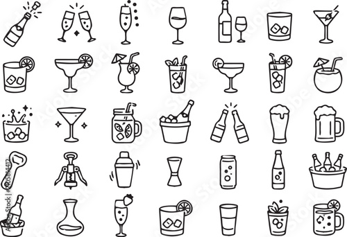 Obraz na płótnie Minimalist black and white vector illustration set featuring various alcoholic b