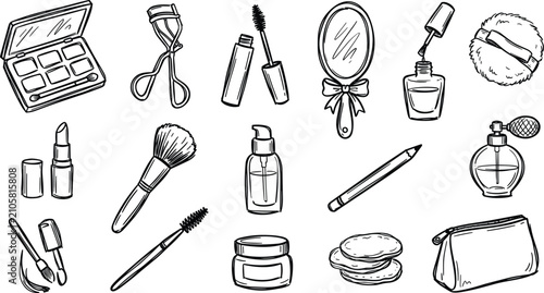 Принти на полотні Hand drawn doodle cosmetics and makeup beauty tools icons set for salon fashion