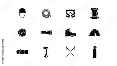 Konstfotografi Minimalist black outdoor adventure gear icons set for travel blog with clean mon