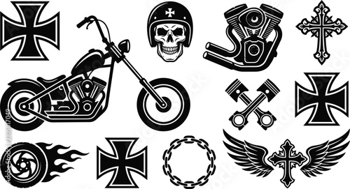 Tableau sur toile Biker and motorcycle culture icons set with chopper skull engine cross wings cha
