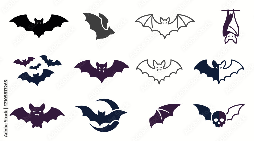 Fototapeta premium Halloween Bat Collection Icon Set Flat Vector Symbol Flying Nocturnal Night EPS SVG Isolated White Background
