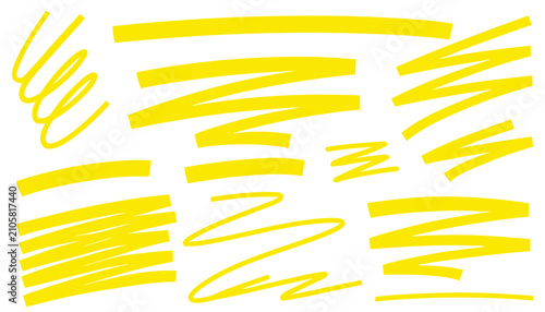 Set of highlight marker lines and strokes. Yellow transparent freehand pen or brush underlines for important text selection isolated on white background. Vector realistic illustration. vector
