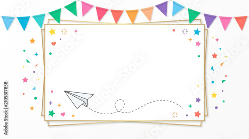 Creative classroom banner with blank paper frame, paper airplane and colorful decorations, representing back to school education, school events, learning, poster template and copy space