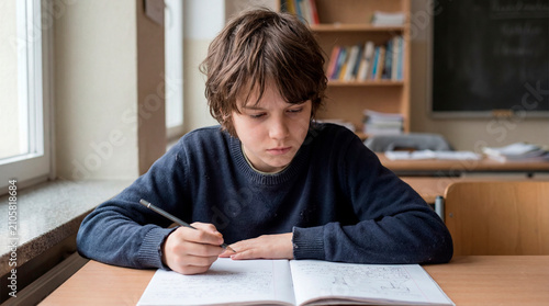 Concentrated schoolboy writing in notebook at desk in traditional classroom setting