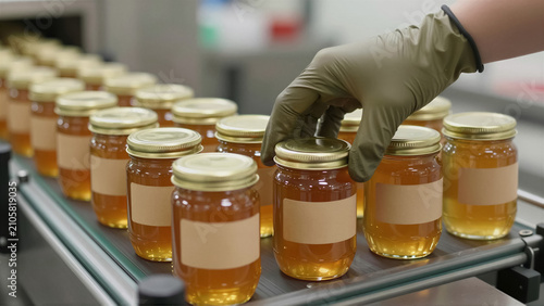 A gloved hand places a honey jar on an industrial conveyor belt during food production. This close-up view highlights efficient packaging and manufacturing in a modern factory setting