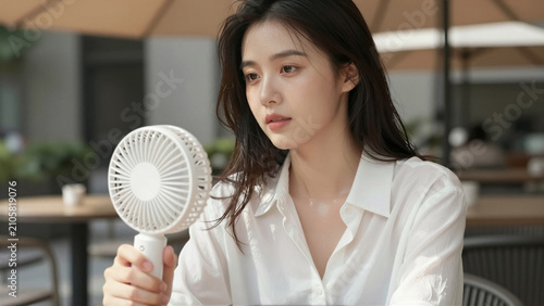 A young Asian woman uses a white portable fan to cool down on a hot summer day at an outdoor cafe. She has visible sweat on her skin while seeking relief from the high temperature