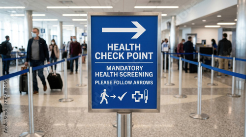Health Check Point Mandatory Screening Sign In Busy Airport Terminal