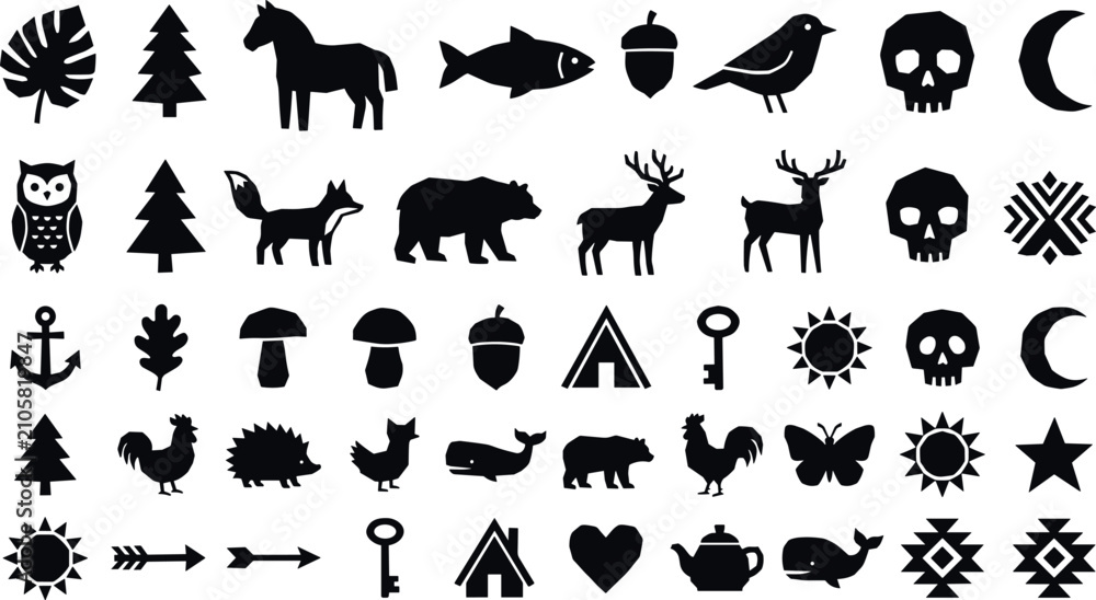 Obraz premium Black Silhouette Icon Set with Wild Animals Nature Elements and Geometric Shapes for Vector Design