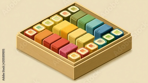 3 d rendered colorful geometric shapes on wooden blocks 3d rendering