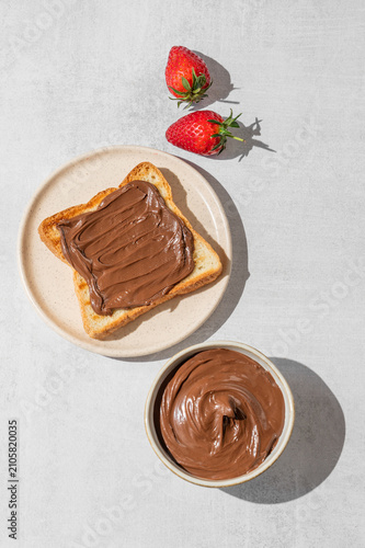 Toasted bread with chocolate cream and strawberry on a plate on a concrete background