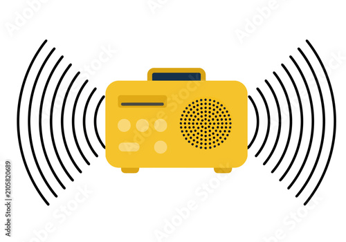 Quadro su tela A stylized yellow radio emits sound waves, representing sensory regulation